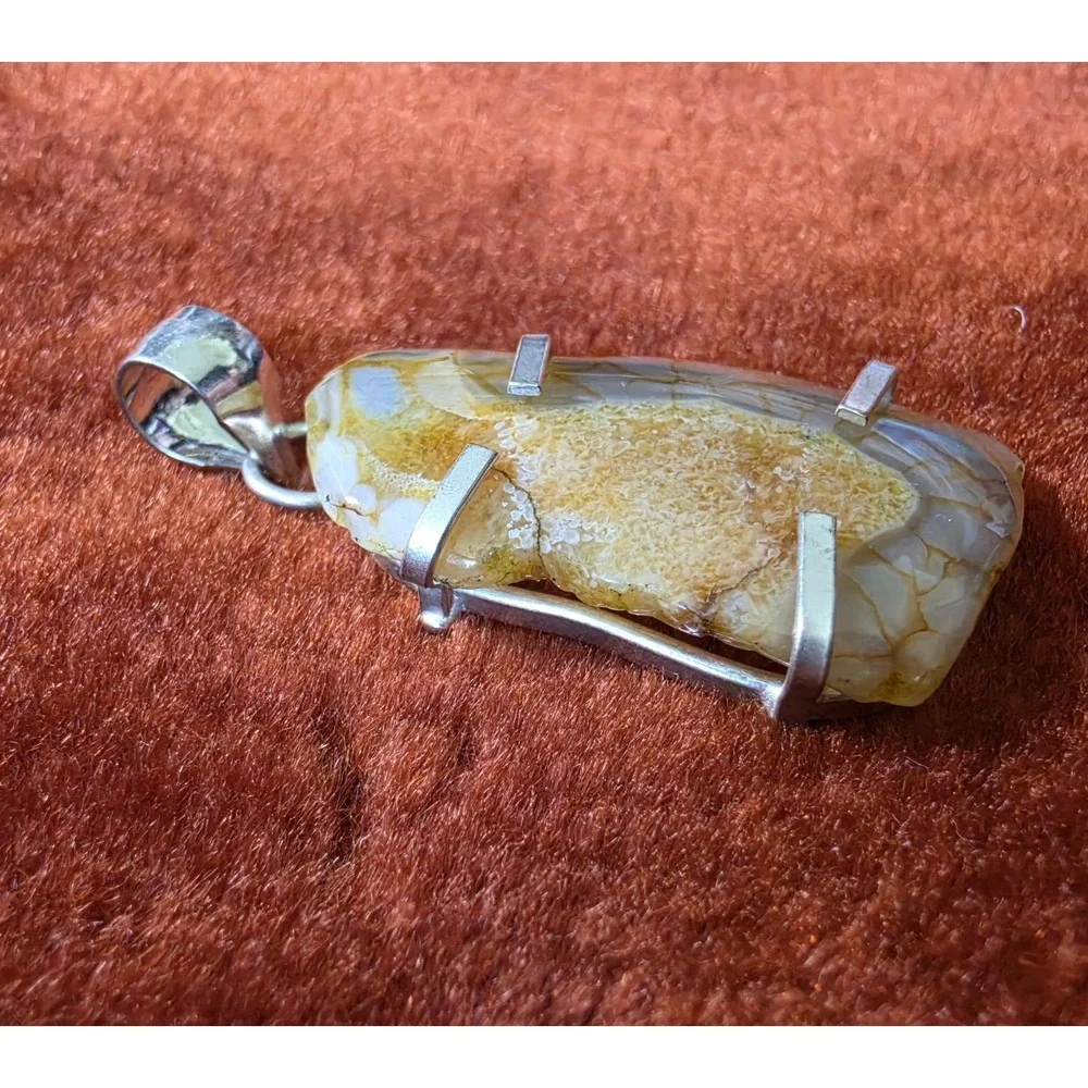 Vintage Sterling‎ Silver And Agate Pendant Charm Orange White Boho Crystal